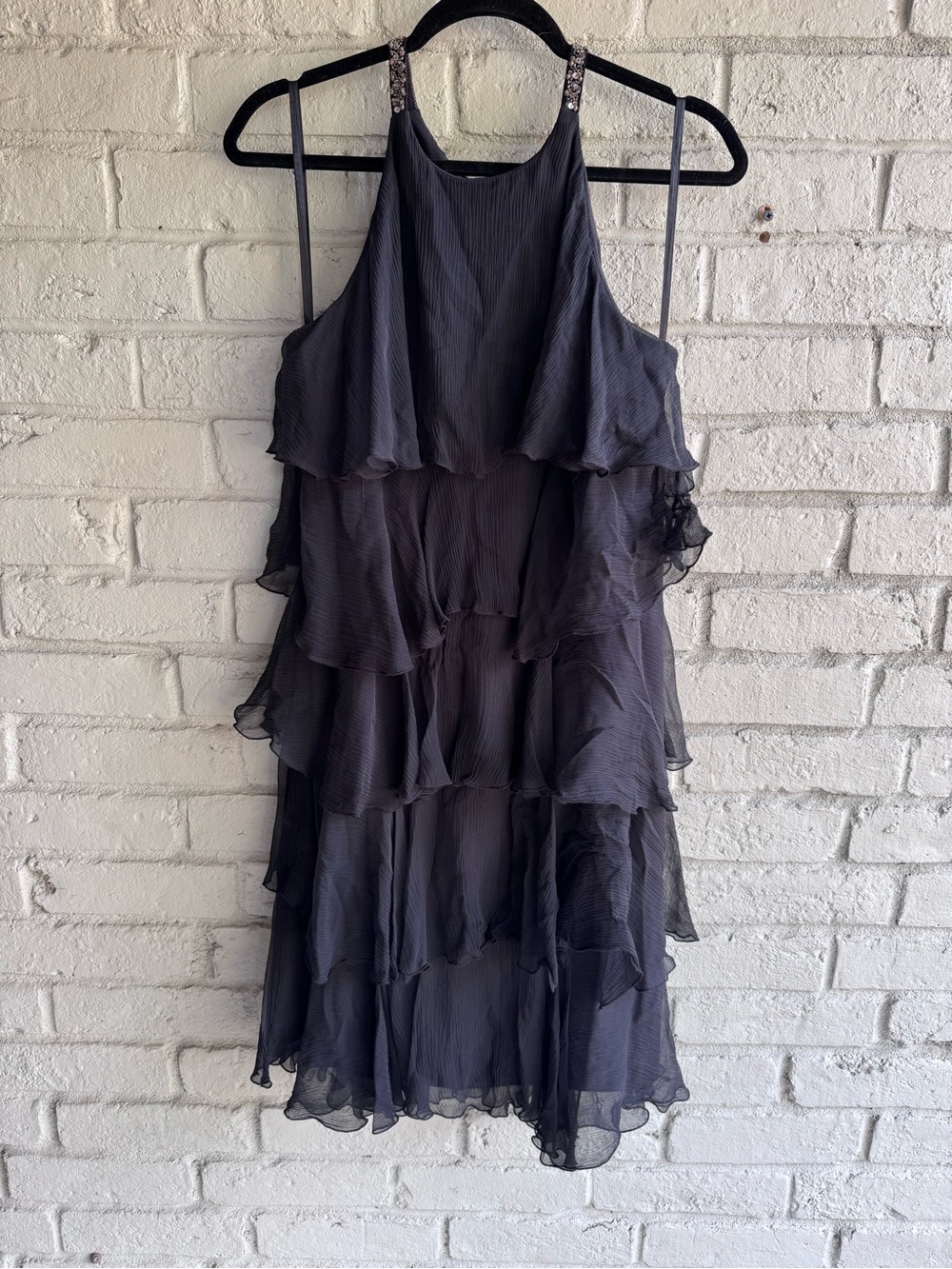 BCBGMAXAZRIA BLK SILK Ruffle Dress L Beaded Strap Y2K Sexy Party Romantic Formal